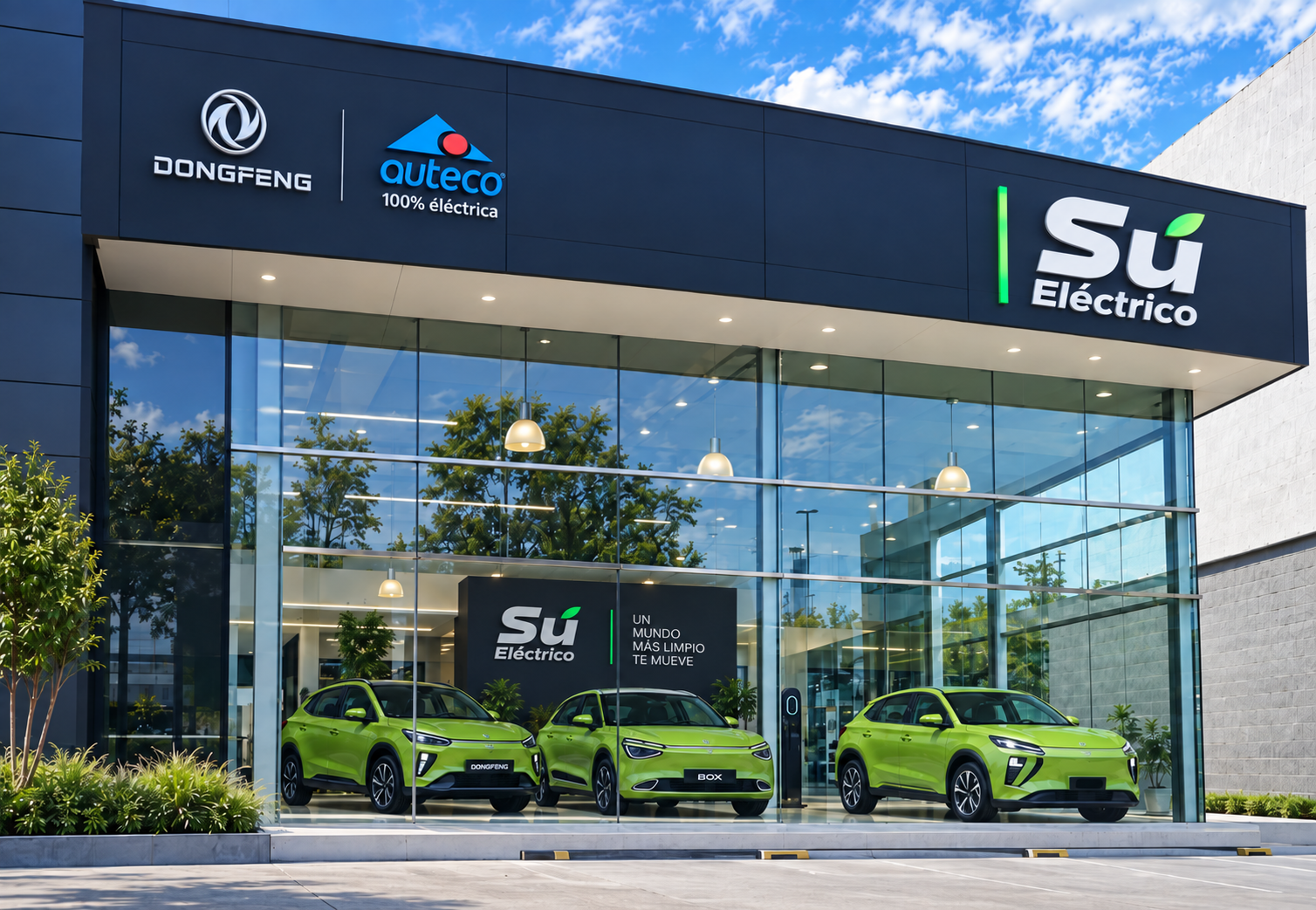 Vitrina de SuEléctrico en Colombia con vehículos eléctricos exhibidos
